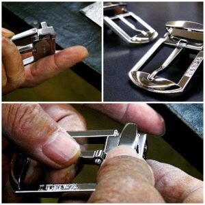 完全オーダーメイドのオリジナルバックルと、イニシャルを素押しした特注ベルトの縫製から取り付けまで製作させていただきました。 得意とする職人の手作業にて全て製作。重厚感、光沢、質感、どれをとっても一流品に作り上げることができました。これから数十年もの間、オーダーメイドのベルトを使用してもらえるのは嬉しい限りです。