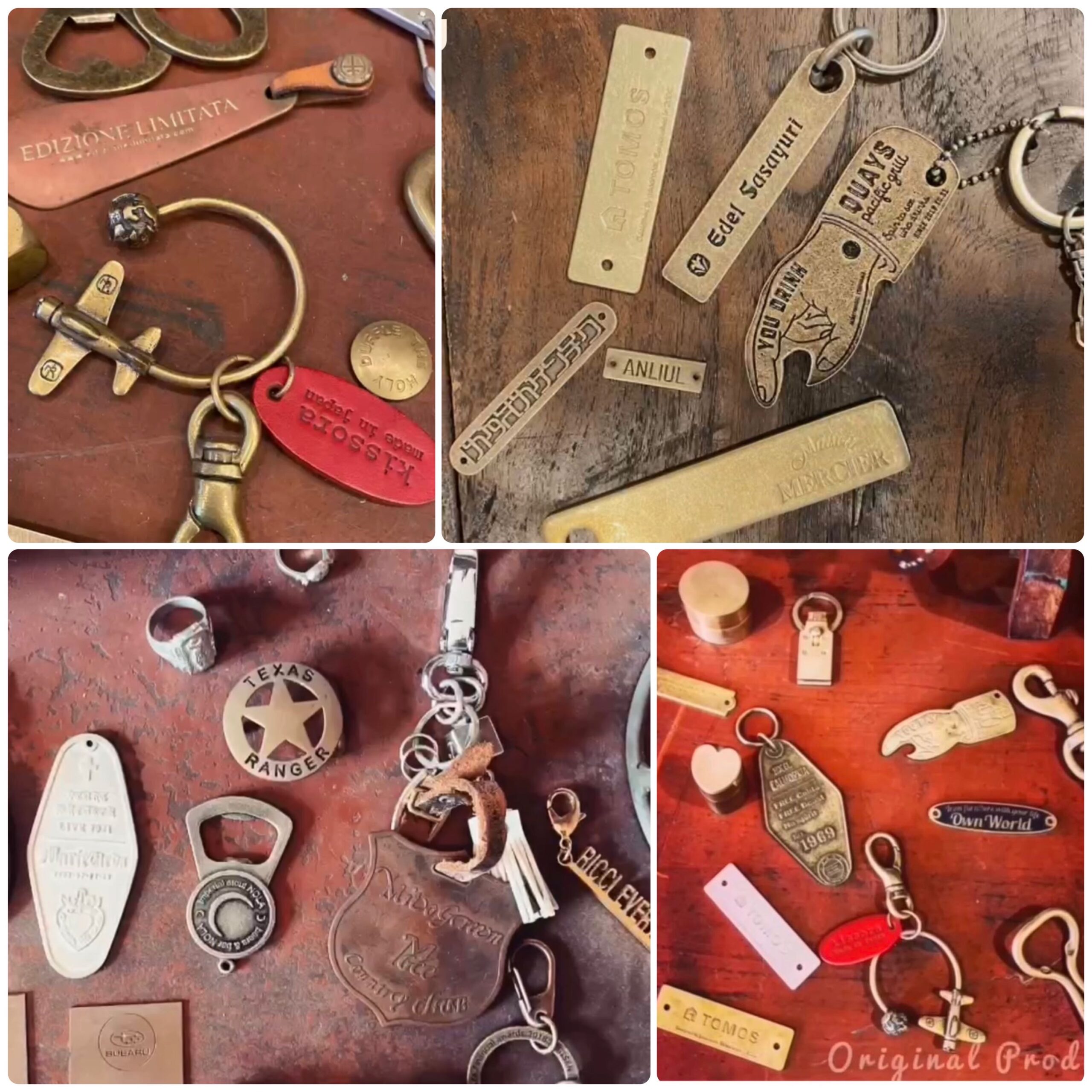 オリジナルのロゴやモチーフを刻印した、特注の靴べらや、キーホルダー、金属小物、オリジナル金具を付属したアクセサリー、革小物やベルト